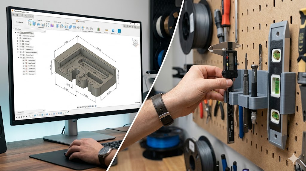 Comparativo entre projeto no Fusion 360 e suporte de ferramentas impresso em 3D em uso.
