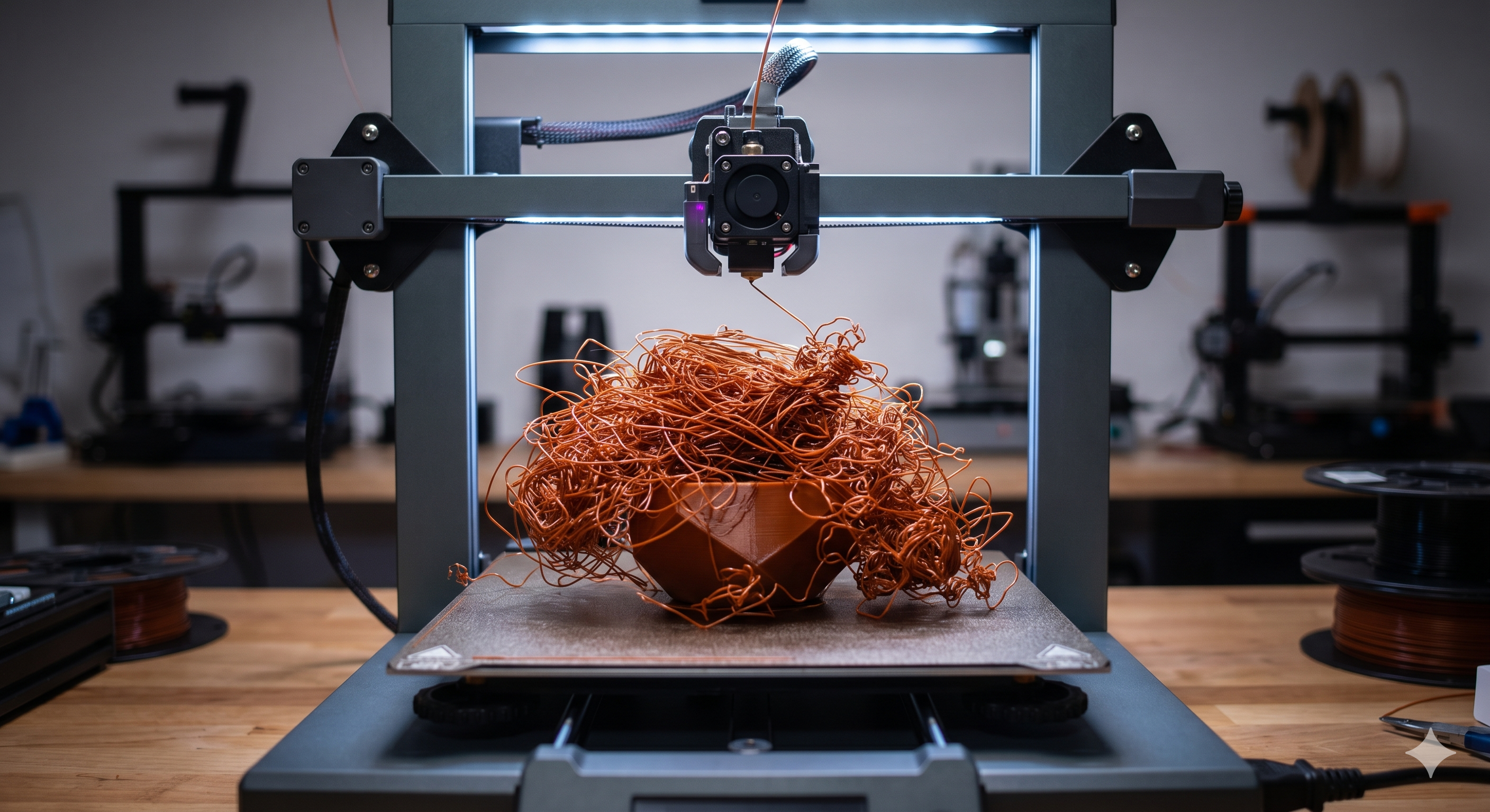 Falha de impressão 3D mostrando um grande emaranhado de filamento laranja, conhecido como Spaghetti Fail.