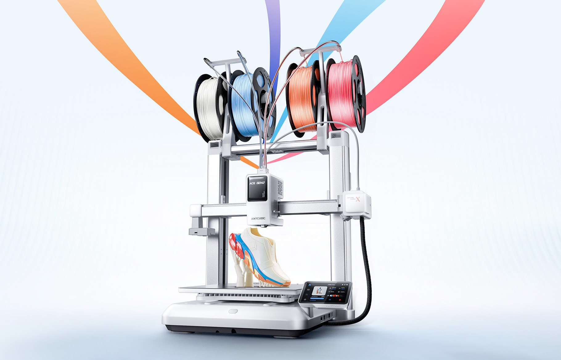 Anycubic Kobra X imprimindo peça em 4 cores com sistema ACE GEN 2 integrado.